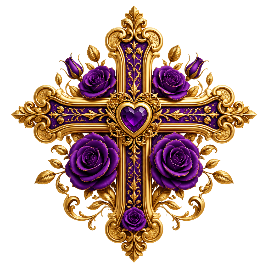 Ornate golden cross adorned with purple roses and amethyst heart
