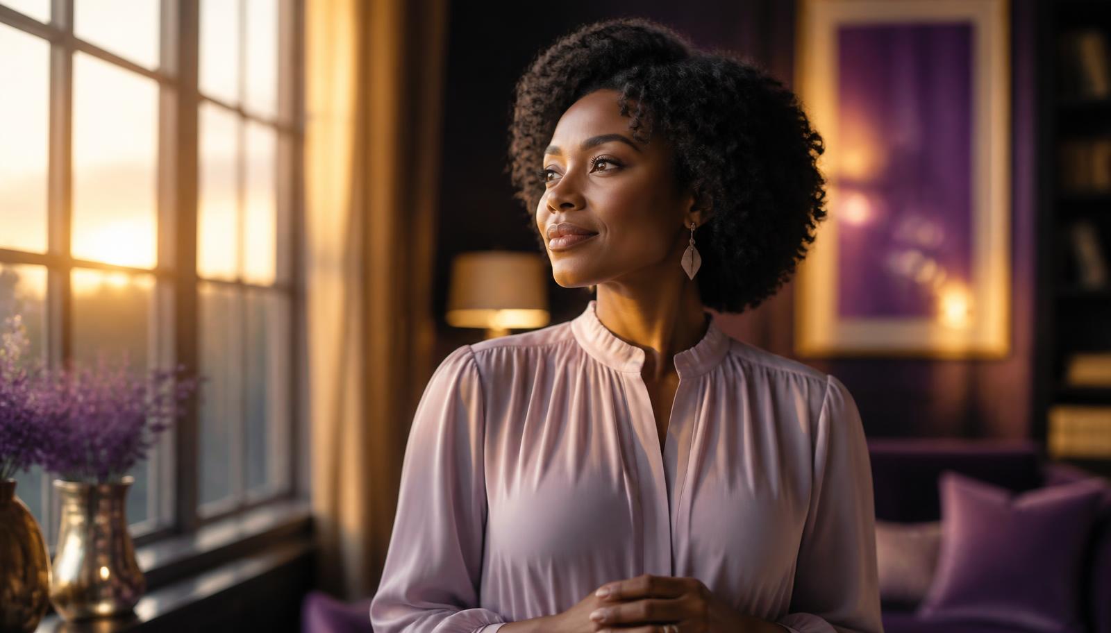 A Black woman in lavender looking toward warm morning light with quiet hope